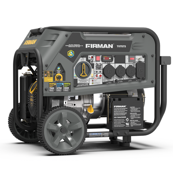 A portable FIRMAN Power Equipment generator featuring multiple outlets, a control panel, and oversized wheels, trifecta running on gasoline, with visible engine and frame details.