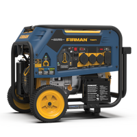 A blue and black FIRMAN Power Equipment T08071 Tri Fuel Portable Generator 8000W Electric Start 120/240V with yellow wheels on a stripy gray background.