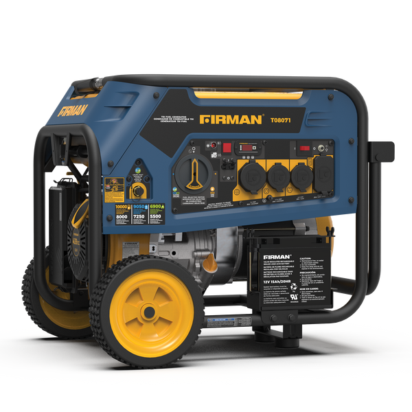 A blue and black FIRMAN Power Equipment T08071 Tri Fuel Portable Generator 8000W Electric Start 120/240V with yellow wheels on a stripy gray background.