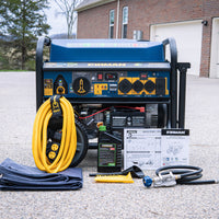 A FIRMAN Power Equipment Tri Fuel Portable Generator 11600W Electric Start 120V/240V with CO alert and accessories, including cables and manuals, displayed on a driveway in front of a garage.