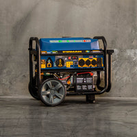 Portable FIRMAN Power Equipment Tri Fuel generator on wheels, positioned upright on a concrete floor against a textured gray wall.