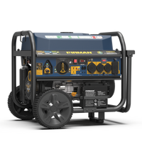 FIRMAN Power Equipment Tri Fuel Portable Generator 11600W Electric Start 120V/240V with CO alert on wheels with multiple power outlets and control panel, displayed against a striped background.