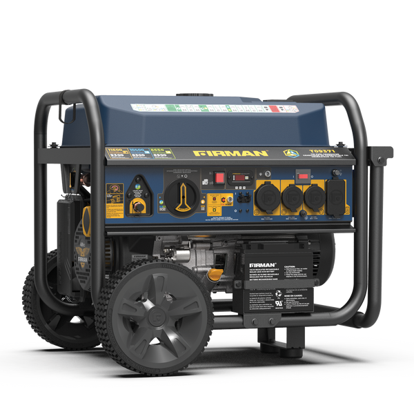 FIRMAN Power Equipment Tri Fuel Portable Generator 11600W Electric Start 120V/240V with CO alert on wheels with multiple power outlets and control panel, displayed against a striped background.