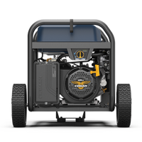 Replace the product in the sentence with: FIRMAN Power Equipment Tri Fuel Portable Generator 11600W Electric Start 120V/240V with CO alert on a wheel frame, with visible engine and control panel, predominantly black and blue with logos.