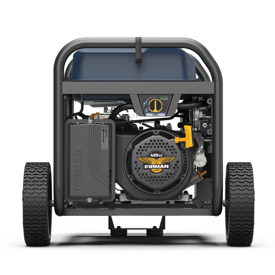 Replace the product in the sentence with: FIRMAN Power Equipment Tri Fuel Portable Generator 11600W Electric Start 120V/240V with CO alert on a wheel frame, with visible engine and control panel, predominantly black and blue with logos.