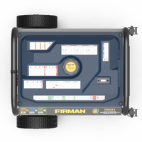 Top view of a blue FIRMAN Power Equipment Tri Fuel Portable Generator 11600W Electric Start 120V/240V with CO alert with visible control labels, gauges, and additional black tires on the side.