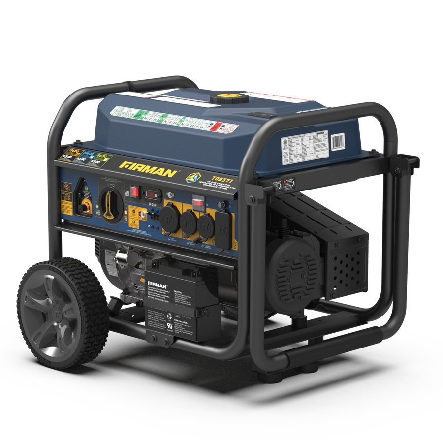 Portable blue and black FIRMAN Power Equipment Tri Fuel Portable Generator 11600W Electric Start 120V/240V with CO alert with wheels, featuring multiple power outlets and control panel.