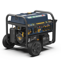 A Tri Fuel Portable Generator 11600W Electric Start 120V/240V with CO alert by FIRMAN Power Equipment with a black frame, blue body, multiple outlets, and large wheels for mobility, displayed on a striped background.