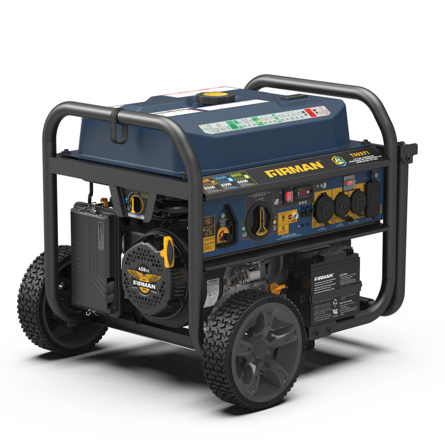 A Tri Fuel Portable Generator 11600W Electric Start 120V/240V with CO alert by FIRMAN Power Equipment with a black frame, blue body, multiple outlets, and large wheels for mobility, displayed on a striped background.