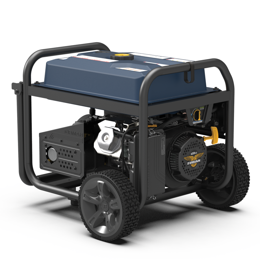 Portable FIRMAN Power Equipment Tri Fuel Generator 11600W Electric Start 120V/240V with CO alert on a wheeled frame, featuring visible engine parts and control panel, designed as a portable standby generator.