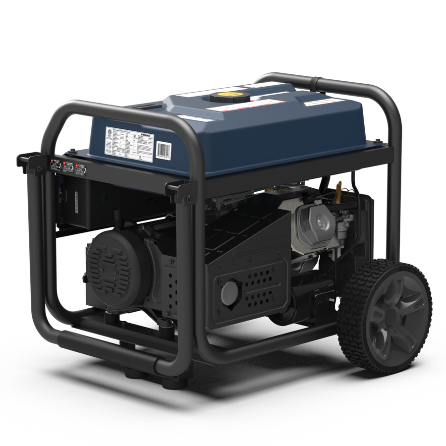 FIRMAN Power Equipment's Tri Fuel Portable Generator 11600W Electric Start 120V/240V with CO alert on wheels housed in a metal frame, featuring a blue engine cover and black body.
