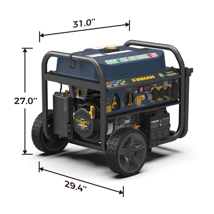 Portable FIRMAN Power Equipment Tri Fuel Generator 11600W Electric Start 120V/240V with CO alert with multiple outlets, mounted on a four-wheel cart, displaying its dimensions.