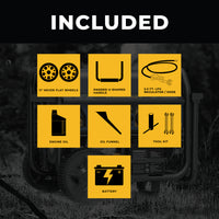 Promotional image showing a FIRMAN Power Equipment Tri Fuel Portable Generator 11600W Electric Start 120V/240V with CO alert and its included accessories: wheels, handle, regulator, engine oil, funnel, tool kit, and battery, all displayed on a yellow background.