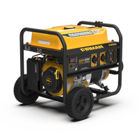 Yellow and black portable FIRMAN Power Equipment Gas Portable Generator 8350W Recoil Start 120/240V with wheels, featuring multiple outlets and a pull start.