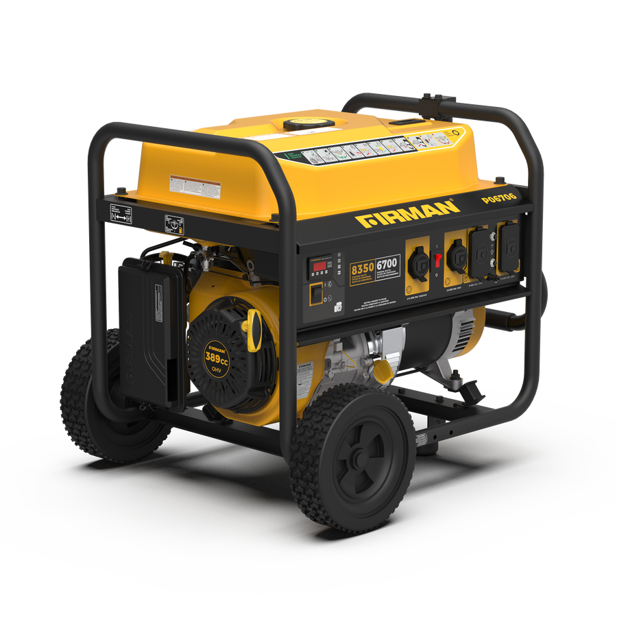 Yellow and black portable FIRMAN Power Equipment Gas Portable Generator 8350W Recoil Start 120/240V with wheels, featuring multiple outlets and a pull start.