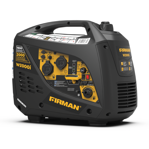 Portable FIRMAN Inverter Portable Generator 2000/1600W Recoil Start, ideal for camping, with multiple outlets and control panel on a white background.