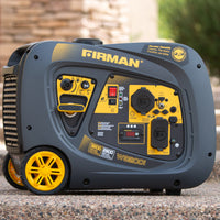 A portable FIRMAN Power Equipment generator featuring a yellow and black design, displayed outdoors, with visible control panel and RV-Ready TT-30R 30 Amp outlet.