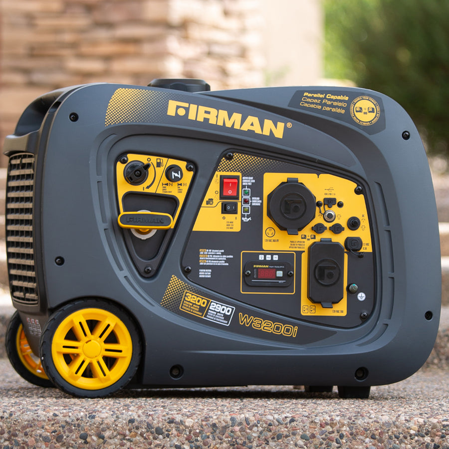 A portable FIRMAN Power Equipment generator featuring a yellow and black design, displayed outdoors, with visible control panel and RV-Ready TT-30R 30 Amp outlet.
