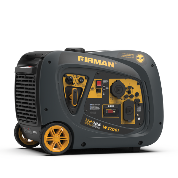 A FIRMAN Power Equipment refurbished Gas Inverter 3200W Recoil Start, featuring a black and yellow exterior with an RV-Ready TT-30R 30 Amp outlet and wheels.