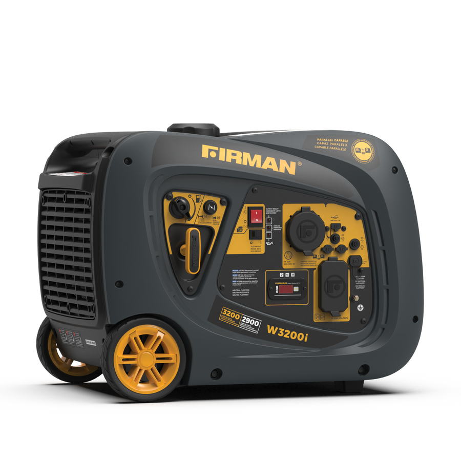 A FIRMAN Power Equipment refurbished Gas Inverter 3200W Recoil Start, featuring a black and yellow exterior with an RV-Ready TT-30R 30 Amp outlet and wheels.