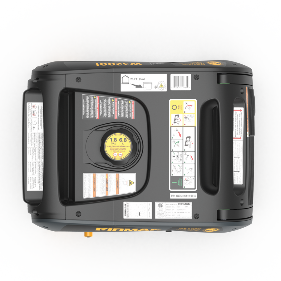 Top view of a FIRMAN Power Equipment refurbished Gas Inverter 3200W Recoil Start portable generator with warning labels and operational instructions on its surface.