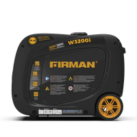 A FIRMAN Power Equipment Refurbished Gas Inverter 3200W Recoil Start portable generator with yellow and black coloring, displayed from the side with operational instructions and warnings visible.