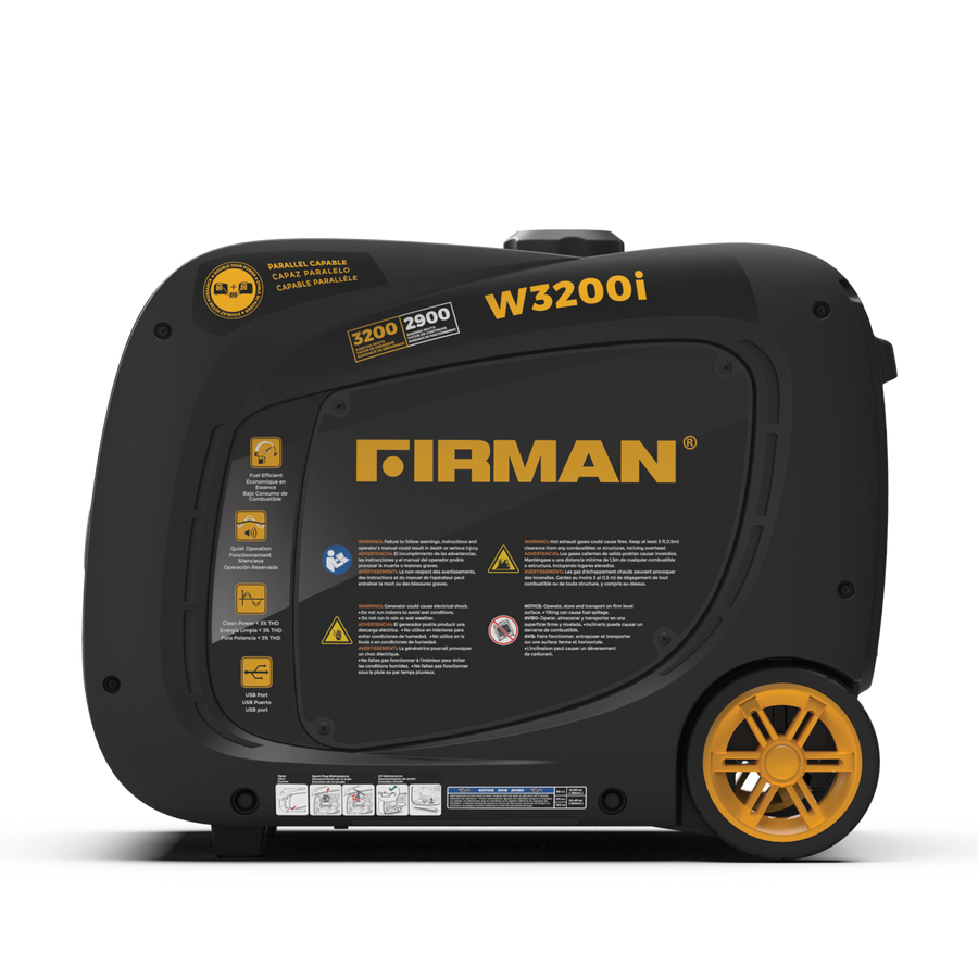 A FIRMAN Power Equipment Refurbished Gas Inverter 3200W Recoil Start portable generator with yellow and black coloring, displayed from the side with operational instructions and warnings visible.