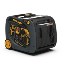 A black and yellow FIRMAN Power Equipment portable gas generator on wheels, model w3201, with various control knobs and RV-Ready TT-30R 30 Amp outlets, on a striped background.