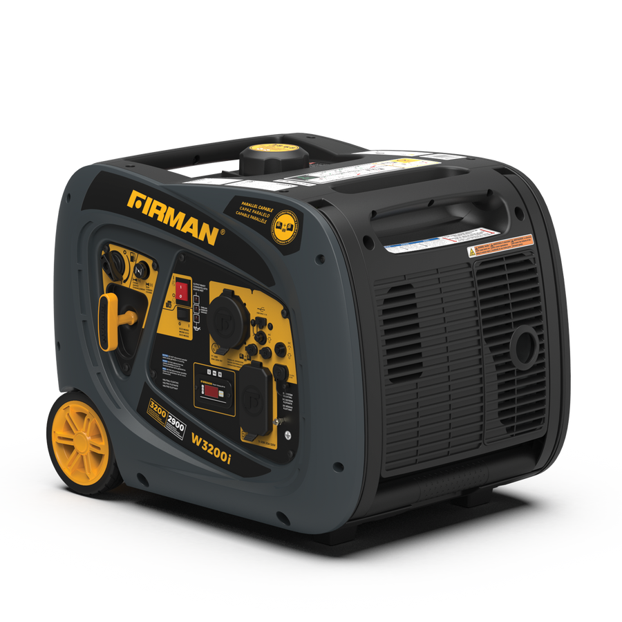A black and yellow FIRMAN Power Equipment portable gas generator on wheels, model w3201, with various control knobs and RV-Ready TT-30R 30 Amp outlets, on a striped background.