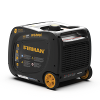 Black and yellow FIRMAN Power Equipment Refurbished Gas Inverter 3200W Recoil Start portable generator on a white background.