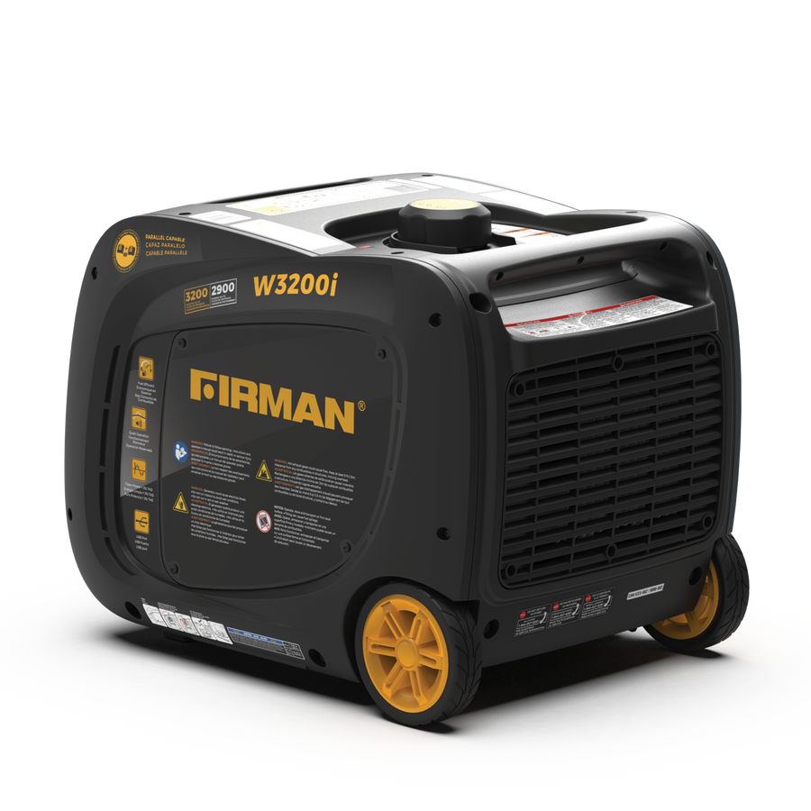 Black and yellow FIRMAN Power Equipment Refurbished Gas Inverter 3200W Recoil Start portable generator on a white background.