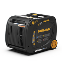 Portable FIRMAN Power Equipment W3200i inverter generator with black casing and yellow wheels, shown on a white gradient background.