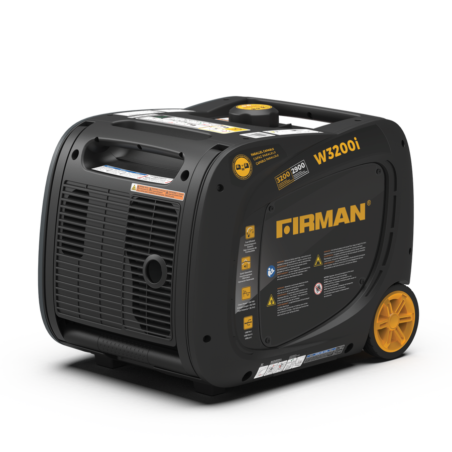Portable FIRMAN Power Equipment W3200i inverter generator with black casing and yellow wheels, shown on a white gradient background.