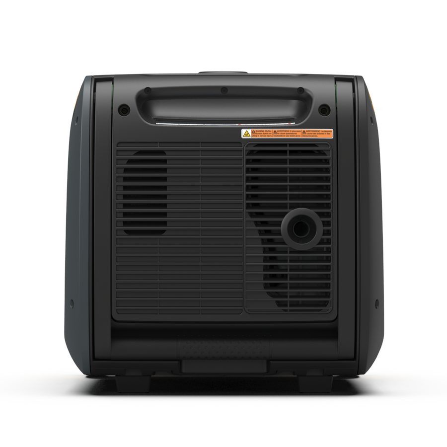 A black FIRMAN Power Equipment portable generator with an RV-Ready TT-30R 30 Amp outlet on a striped white background.
