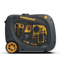 Portable FIRMAN Power Equipment W3200i generator with a black and yellow color scheme, featuring control panel and wheels.