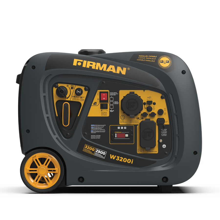 Portable FIRMAN Power Equipment W3200i generator with a black and yellow color scheme, featuring control panel and wheels.