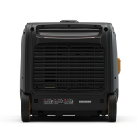 Rear view of a FIRMAN Power Equipment Refurbished Gas Inverter 3200W Recoil Start portable generator with visible control labels, vents, and sturdy black wheels on a striped background.