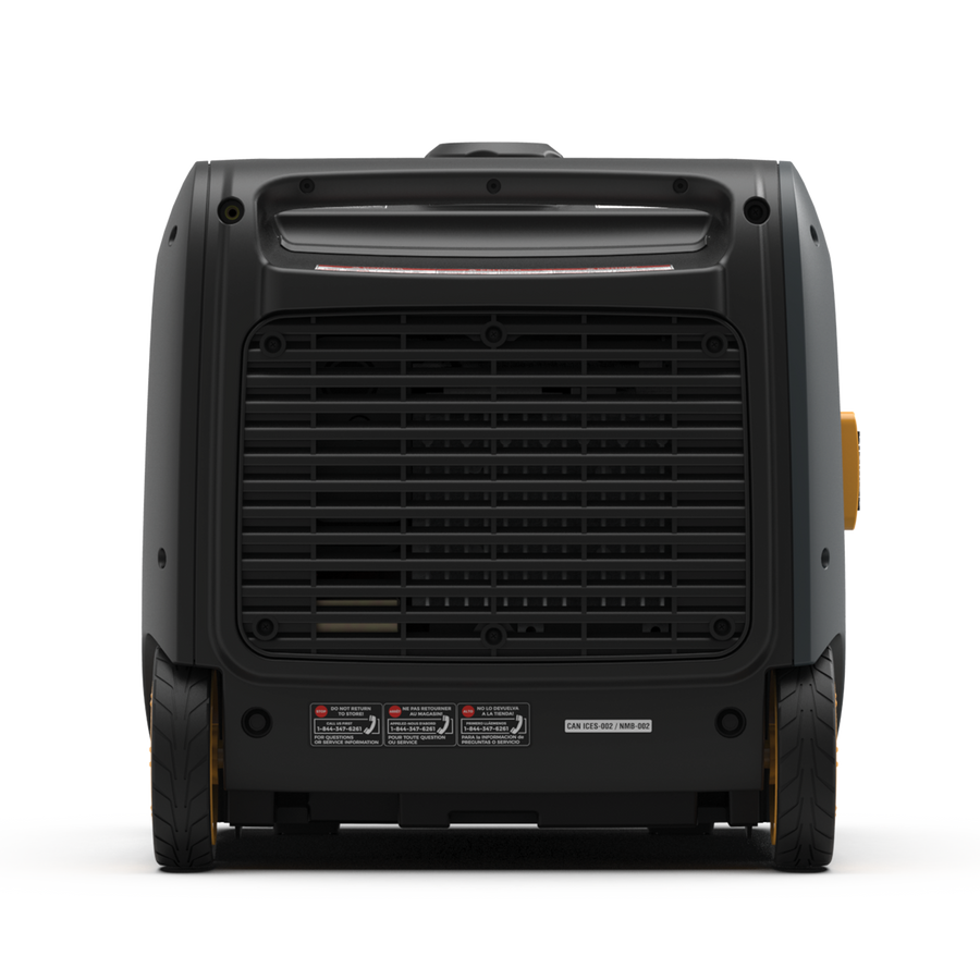 Rear view of a FIRMAN Power Equipment Refurbished Gas Inverter 3200W Recoil Start portable generator with visible control labels, vents, and sturdy black wheels on a striped background.