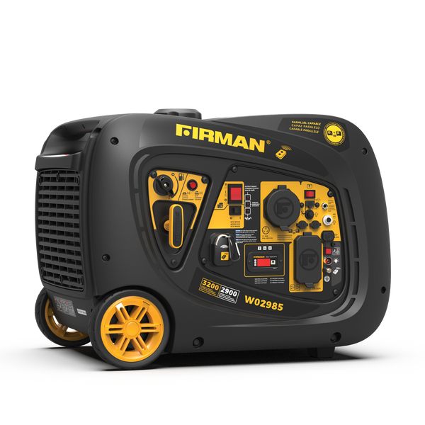 Inverter FIRMAN Power Equipment generator with yellow and black design, featuring remote start, control panel, wheels, and handle.