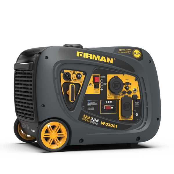 Portable FIRMAN Power Equipment W03081 gas generator on wheels with a yellow and black color scheme, displayed against a white background.