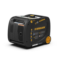 Portable FIRMAN Power Equipment W03082 gas-powered inverter generator on a white background, featuring yellow wheels and black casing.