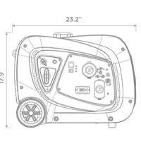 Technical line drawing of a FIRMAN Power Equipment Inverter Portable Generator 3300W Electric Start with dimensions, showing front panel controls and side handle.