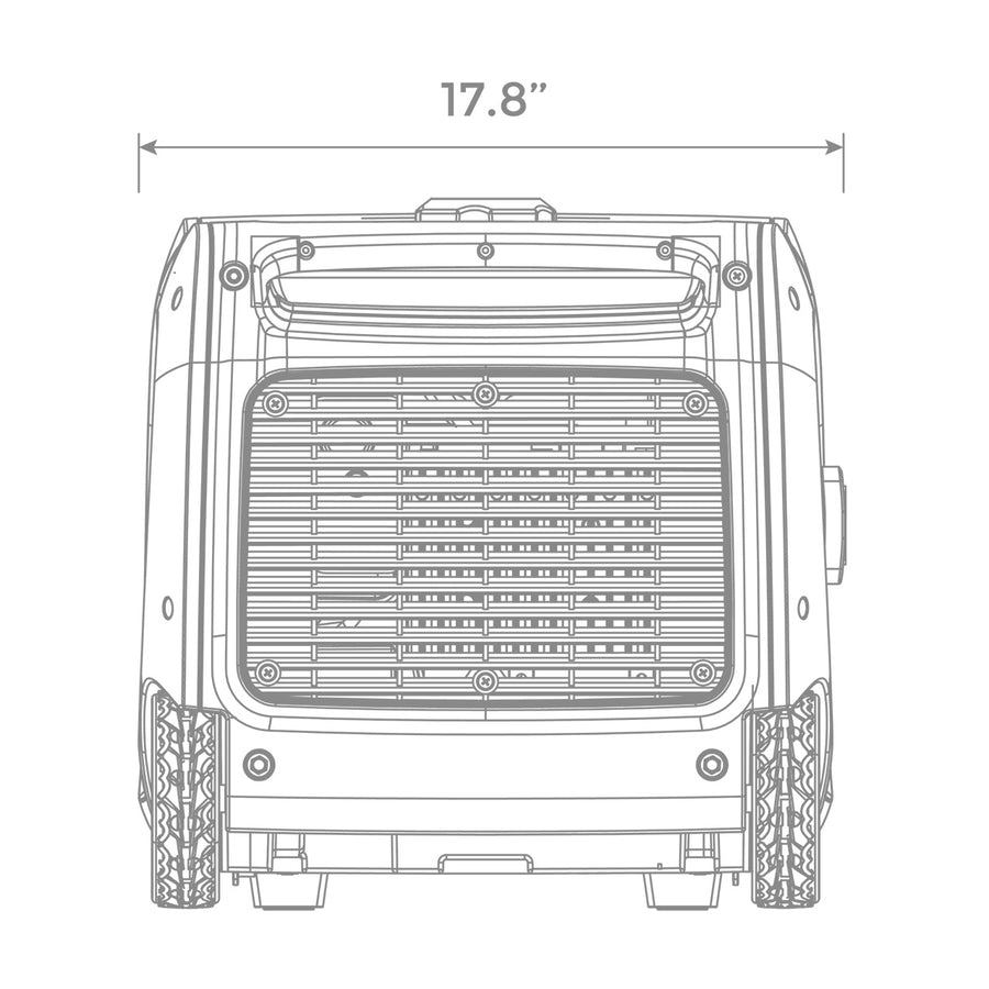Technical line drawing of a FIRMAN Power Equipment Inverter Portable Generator 3300W Electric Start with dimensions labeled at the top, illustrating the front view with visible grills and control knobs.