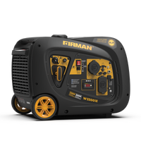 Portable FIRMAN Power Equipment Inverter Generator 3300W Electric Start with yellow and black details, featuring a Whisper Series muffler and power outputs on a white background.