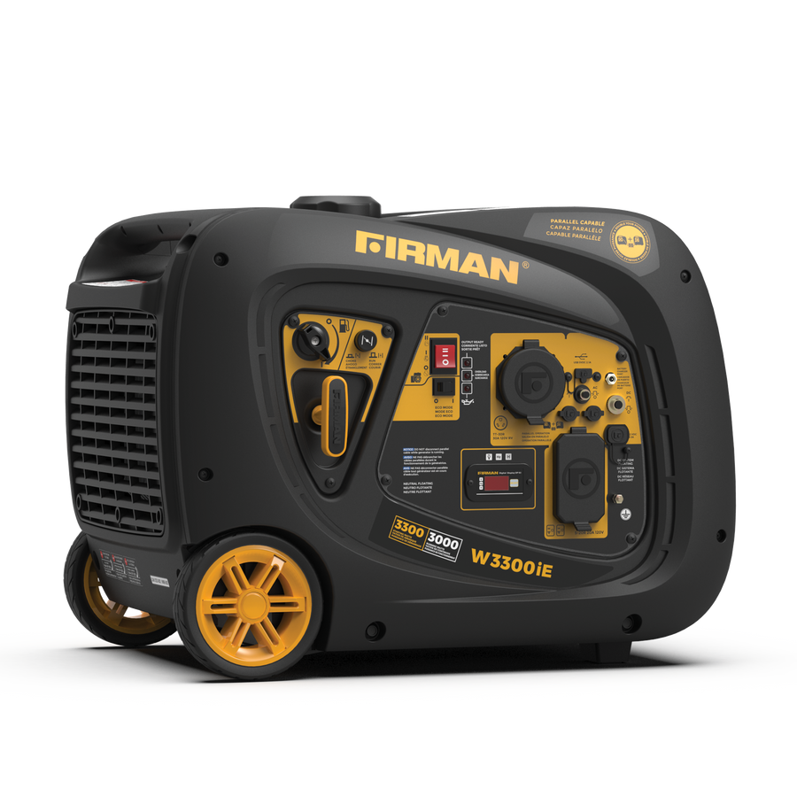 Portable FIRMAN Power Equipment Inverter Generator 3300W Electric Start with yellow and black details, featuring a Whisper Series muffler and power outputs on a white background.