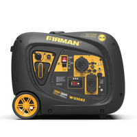 A FIRMAN Power Equipment Inverter Portable Generator 3300W Electric Start with a yellow and black casing and multiple control knobs and outlets on the front panel.