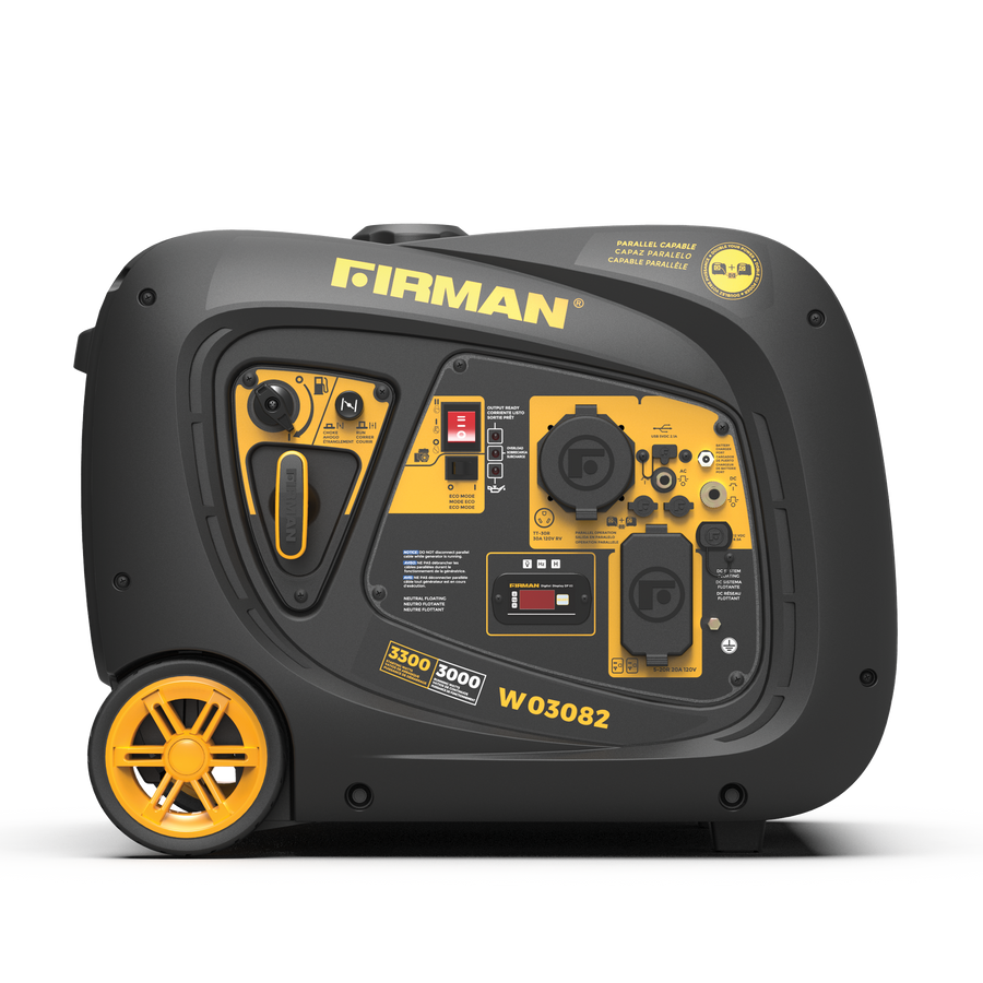 A FIRMAN Power Equipment Inverter Portable Generator 3300W Electric Start with a yellow and black casing and multiple control knobs and outlets on the front panel.