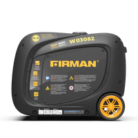 A FIRMAN Power Equipment Inverter Portable Generator 3300W Electric Start, model W03082, gray and black with yellow wheels, viewed from the side.