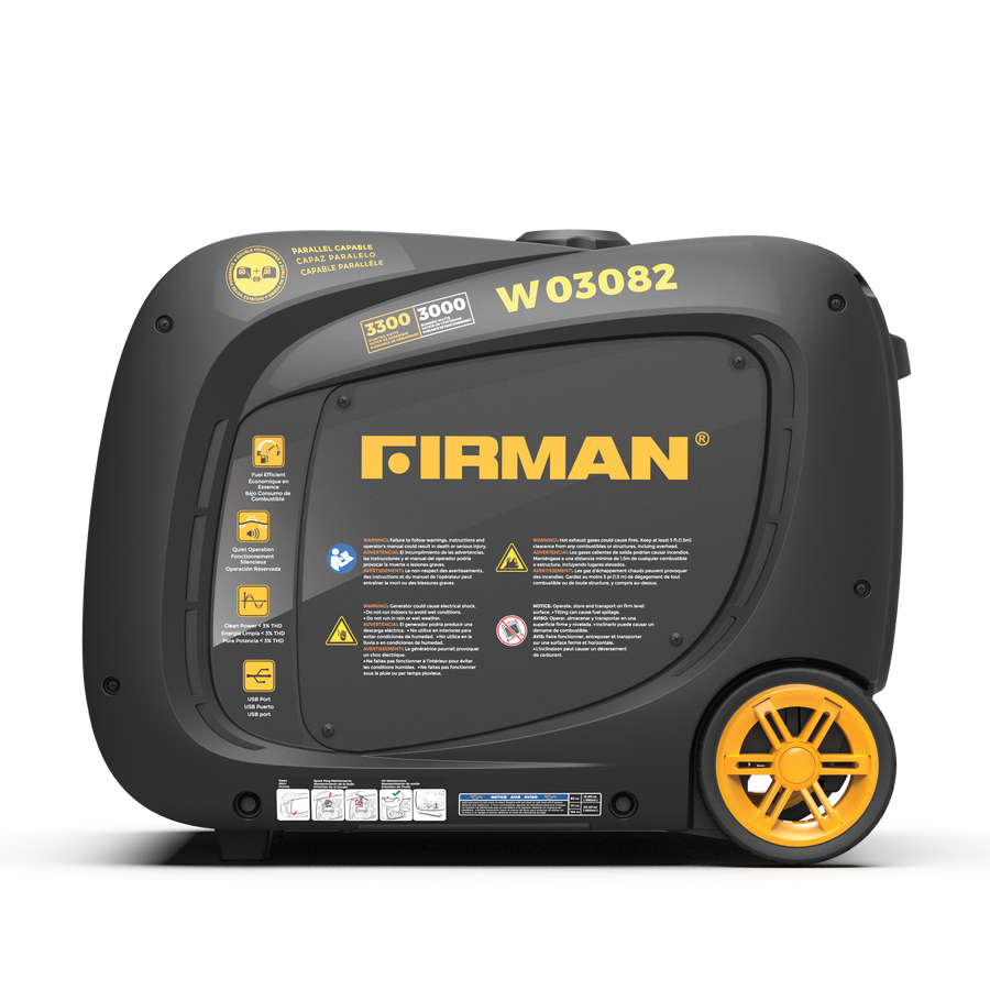 A FIRMAN Power Equipment Inverter Portable Generator 3300W Electric Start, model W03082, gray and black with yellow wheels, viewed from the side.