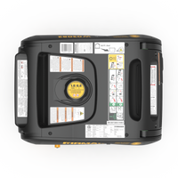 Overhead view of a FIRMAN Power Equipment Inverter Portable Generator 3300W Electric Start with various warning labels and instructions visible on its black and yellow casing.